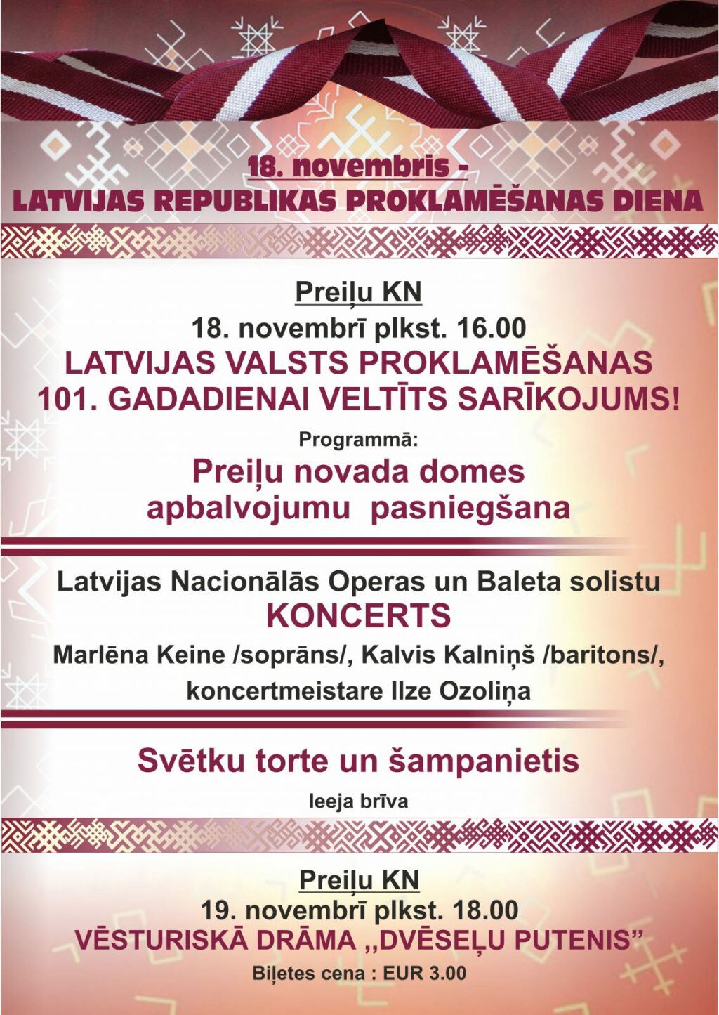 18. novembrī Preiļu KN Latvijas valsts proklamēšanas 101. gadadienai veltīts sarīkojums